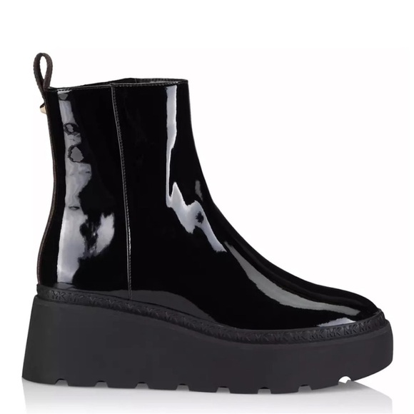 Michael Kors Geller Patent Leather Wedge Booties Platform Side Zip - Picture 1 of 7